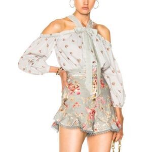 Needle & Thread Women's Pale Gray Floral Swiss Dot Off Shoulder Bow Neck Top 4